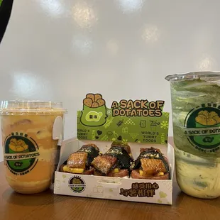 Thai tea creme brulee, unagi spam musubi, matcha tornado