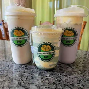 Jasmine milk tea with cheese foam, creme brûlée matcha, iced taro latte with cheese foam