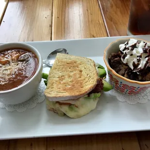 Lunch goals  minestrone soup, avocado melt, and chocolate bread pudding