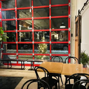 Coffee side interior seating / entry of an old fire station