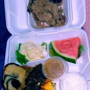 Asparagus quiche and all the goodies that come with it, except for the slice of French Apple cherry pie.