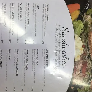 The first page of the menu is devoted to sandwiches.