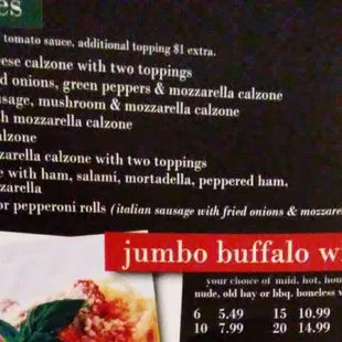 Menu calzones, wings