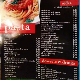 Menu: pasta, sides, desserts, drinks