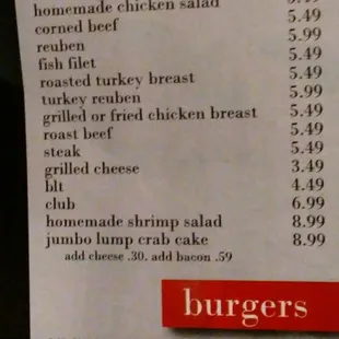 Menu: sandwiches, burgers