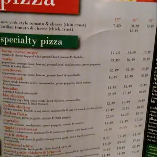 Pizza menu
