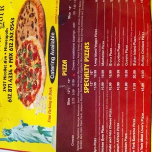Menu pizza