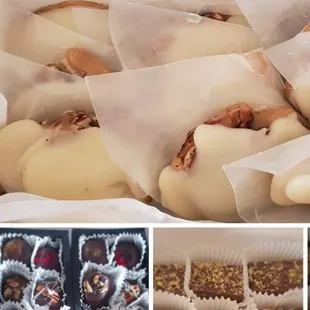 Honey caramel fudge turtles(top)
Fudge filled truffles ( bottom left) pecan fudge( bottom right)
All handmade from scratch.
No Cornsyrup