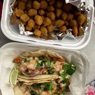 Fish tacos and okra. Both delicious and definitely enough to share!
