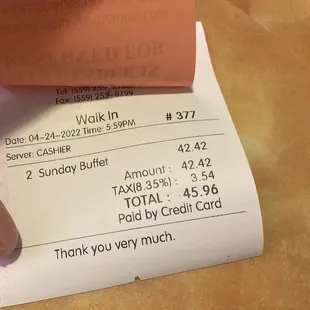 Sunday Buffet showing total pricing for me and my boyfriend
