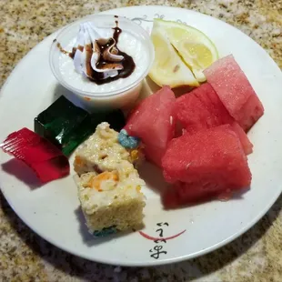 My dessert: Jello, rice crispy, pudding, and watermelon.