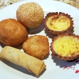 Extra dessert: Sesame ball, egg tarts, fried donut,  and vegetable spring roll.