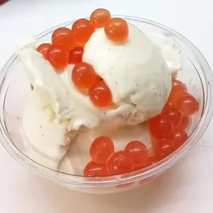 Umm Popping pearls on French Vanilla ice cream.