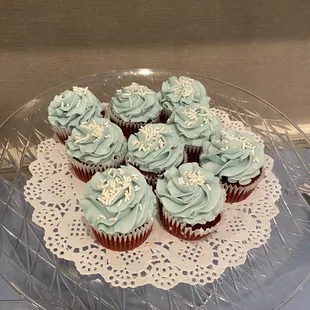 The cutest &amp; most delicious cake (almond with raspberry filling) and red velvet cupcakes. Yum!