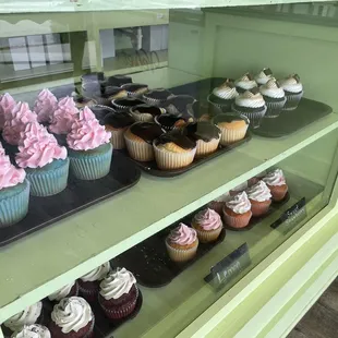 a display case of cupcakes