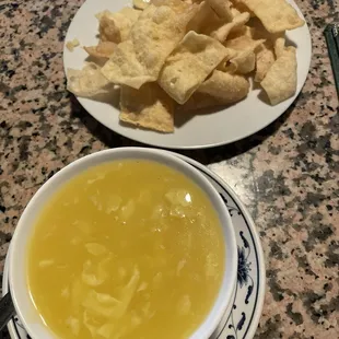 Egg Drop Corn Soup with wontons. Very tasty.