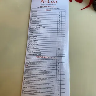 Sushi menu
