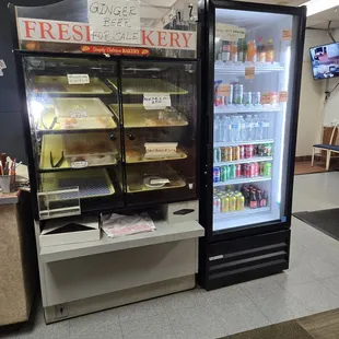 Meat pies and pastries behind the glass