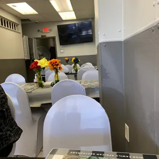 a table and chairs in a restaurant