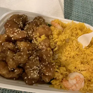 Sesame chicken and shrimp fried rice