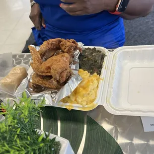 Chicken wings, greens, Mac and cheese