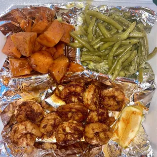 Blacked Shrimp with Green beans &amp; Yams