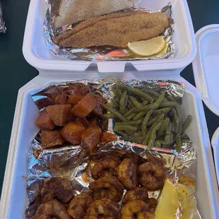 Fried Catfish, Blackened Shrimp with Yams &amp; Green beans.