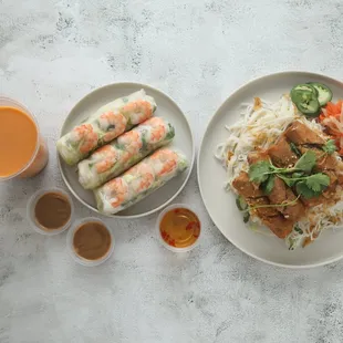 thai tea, spring roll and eggroll salad
