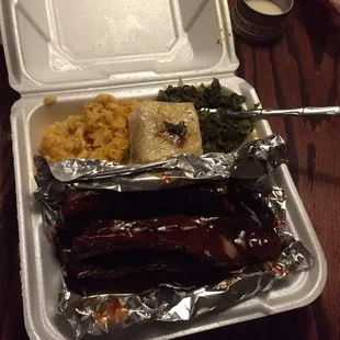 Ribs, mac, collards, cornbread. $12 - So much food!