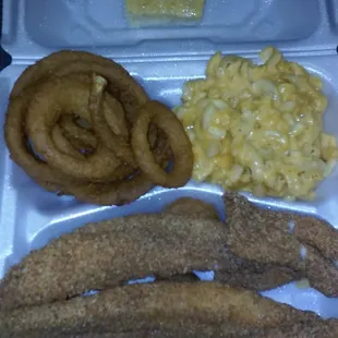 Fried Catfish Dinner mac &amp; onion rings..