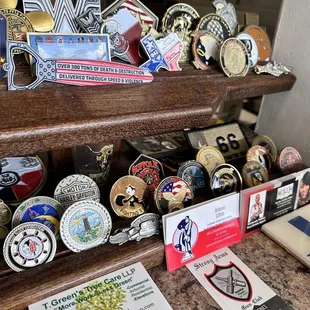 a display of medals and pins