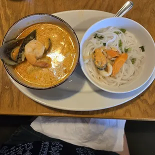 Seafood Massaman Curry with rice noodles.
