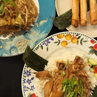 Vegetarian pancit, lumpia, off the bone chicken adobo