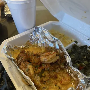 Catfish with loaded crawfish and shrimp in a butter sauce