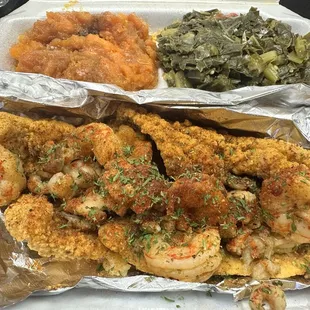 Crazy Catfish with Collard Greens and Sweet Potaotes