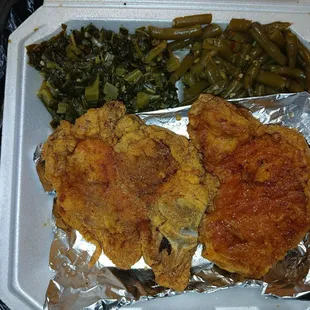 Fried pork chops with collard greens, green beans and cornbread