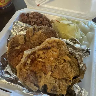 Fried pork chops with cabbage, beans with turkey meat