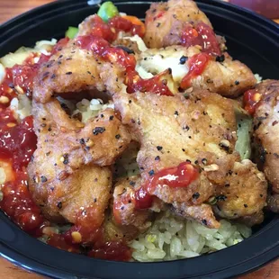 Rice plate with blk pepper fish
