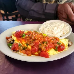 Shrimp Omelet with grits (homemade salsa on top)