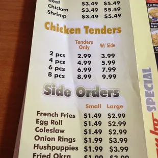 a menu for fried rice and chicken tenders