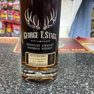 a bottle of george l stace kentucky straight bourbon whiskey