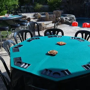 A picture a friend took at my party in 2007 of the poker table, backjack table, barstools, and black chairs