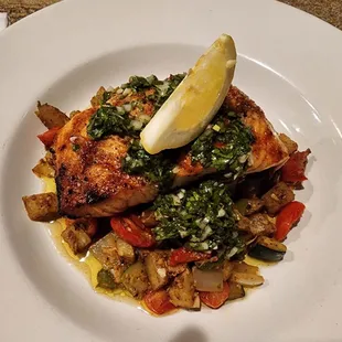 Grilled Salmon ō Zucchini Potato Hash with Onions, Peppers &amp; Tomatoes; topped with a Chimichurri