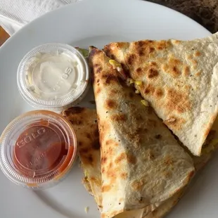 Breakfast Quesadilla with salsa and sour cream