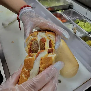 a person holding a sub sandwich