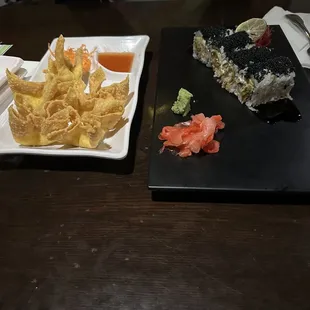 Cheese wontons and black widow roll