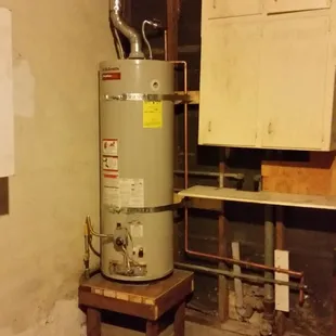 Reinstall water heater to code, custom built stand, relief line to exterior, new gas shut off valve and flex line. Etc
