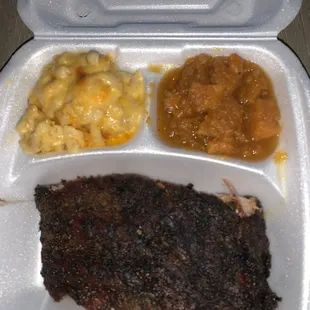 Beef ribs - Mac n cheese - canned yams (bbq sauce on the side)