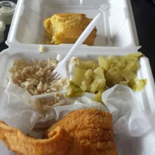 Best fried fish, Cabbage, rice&amp;gravy(got extra later)! But let me tell you about this cornbread,  mmm GOOD! Texture is on point