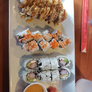 3 sushi roll lunch combo. California, spicy crunchy crab, Hollywood rolls
